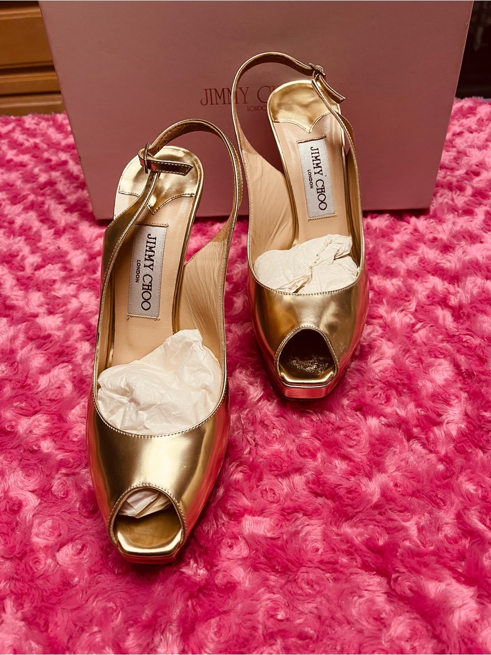 Jimmy Choo Metallic Gold Peep-Toe Slingback Heels